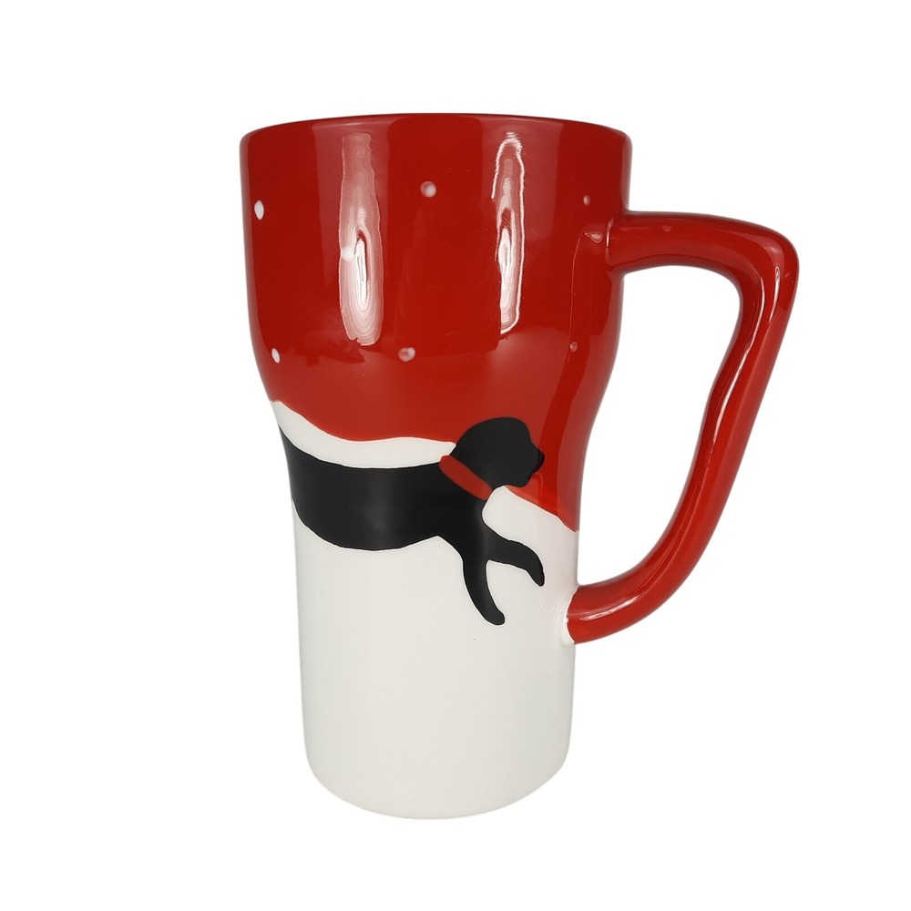 Casa Vero Ceramic Black Labrador Dog Travel Coffee Mug w/Lid  16 oz Red White